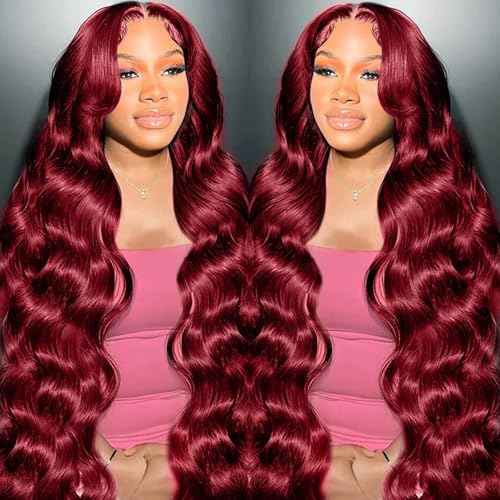 99J Burgundy wig human hair 13x4 body wave lace front wigs human hair 180 Density Pre Plucked Glueless Wine red colored lace front wig for Women 30inch