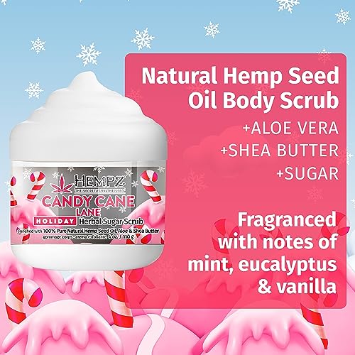 Hempz Limited Edition Candy Cane Lane Exfoliating Body Scrub (4 Oz) ? Yummy Holiday Scented Sugar Body Scrub for Shower & Bath, Cozy Candy Cane Scented Sugar Scrub Exfoliant for Women & Men