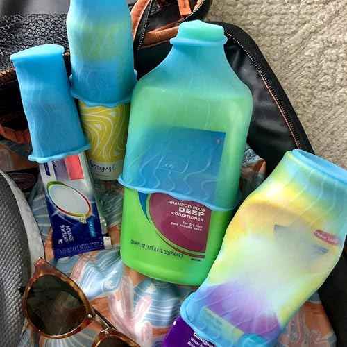 LeakLocks¢ç Toiletry Skins¢â Elastic Sleeve for Leak Proofing Travel Container in Luggage. For Standard and Travel Sized Toiletries. Reusable Accessory for Travel Bag Suitcase and Carry-on Luggage