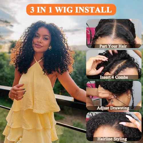 Half Wig Human Hair Water Wave Half Wig 3 In 1 Glueless Wigs Seamless Flip Over with Drawstring Curly Half Wig Human Hair for Women Invisible Hairline Wear Go Beginner Friendly Natural Black 22 Inch