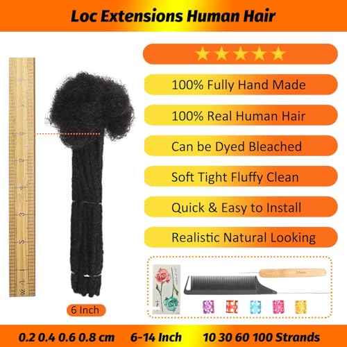 0.4 cm Loc Extensions Human Hair 100 Strands Dreadlock Extensions Human Hair Loc Extensions Dreads Extensions for Men Women Kids 6 Inch Real Human Hair Locs 1B Natural Black Handmade Permanent Locs