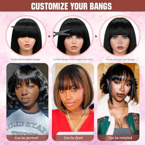 Bob Wig with Bangs Human Hair 200 Density Short Glueless Wigs Ready to Go Straight Bob Bangs Wig for Women Burgundy 14 Inches