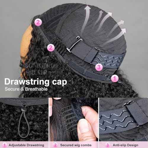 BGM GIRL Half Wig Human Hair Kinky Curly 3 in 1 Wigs Beginner Friendly Flip Over Drawstring Glueless Wig Kinky Curly Ready to Go Seamless Clip in Wigs Natural Black Color 18 Inch