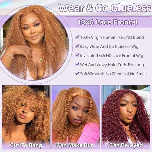 Curly Bob Wig Human Hair Deep Wave 13x6 HD Lace Front Wigs For Black Women Human Hair Pre Plucked Wear And Go Glueless Short Wet And Wavy Honey Blonde Color #30 18 Inch