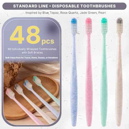 48-Pack Disposable Toothbrushes Individually Wrapped, Soft Bristle Bulk Travel Toothbrush for Adults, Kids, Guest, Hotel, Home, Camping, Donation ? 4 Colors, Mini Manual Value Pack