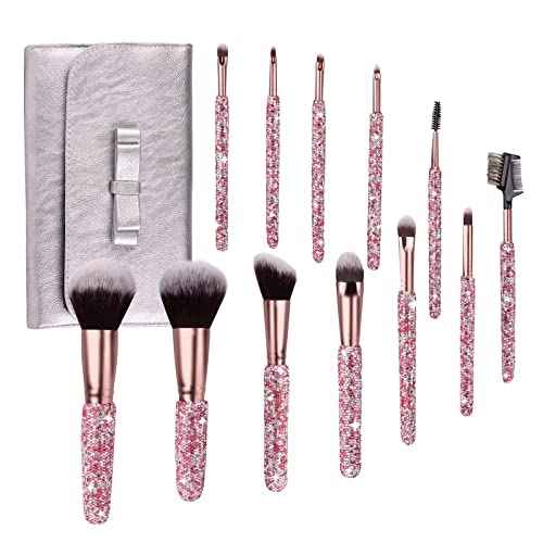 Makeup Brushes Bling Crystal Professional Face Cosmetics Blending Liquid Foundation Powder Concealer Eye Shadows Make Up Beauty Tool Glitter with Pouch Bag Kit Purely Handmade (12PCS) (Pink)