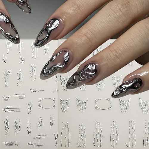 6 Sheets Lines Nail Art Stickers Decals Silver Stripe Line Nail Decals 3D Self-Adhesive Abstract Marble Wave Nail Design Holographic Irregular Line Nails Supplies Nail Accessories for Women Nail Decor
