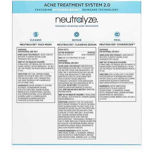 Neutralyze Moderate to Severe Acne Treatment Kit 2.0 - Maximum Strength 3 Step Acne Kit with 2% Salicylic Acid, 2% Mandelic Acid & Nitric Oxide - Includes Face Wash, Clearing Serum & Synergyzer