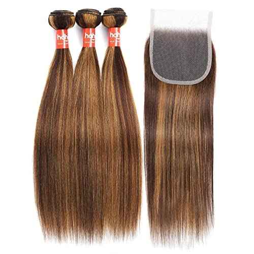 Haha Honey Blonde Highlight Human Hair Bundles With Closure Straight P4/27 Brown Blonde Ombre Bundles With Lace Closure 4x4 Brazilian Raw Human Hair Weave Sew In Extensions 14 16 18+12