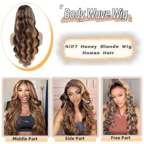 Sunelk 26 Inch Honey Blonde Ombre Lace Front Wig Human Hair Highlight Body Wave Wig 13x6 Lace Front Wigs Human Hair Pre Plucked 200 Density 4/27 Colored HD Lace Frontal Glueless Wigs for Black Women