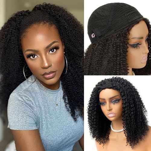 WOWANGEL Kinky Curly Half Wig Human Hair 3-in-1 Glueless Headband Wig with Drawstring, 200 Density Seamless Clip-Ins & Flip Over Design for Black Women,Natural Black(1B#),18 inch