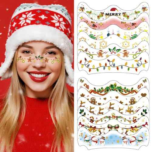 12 Pairs Christmas Face Makeup Patches, Xmas Tree Santa Claus Eyeliner Stickers Decals Snowman Small bell Temporary Tattoo for Women Girls Fake Tattoos, Christmas Stocking Stuffers Party Supplies