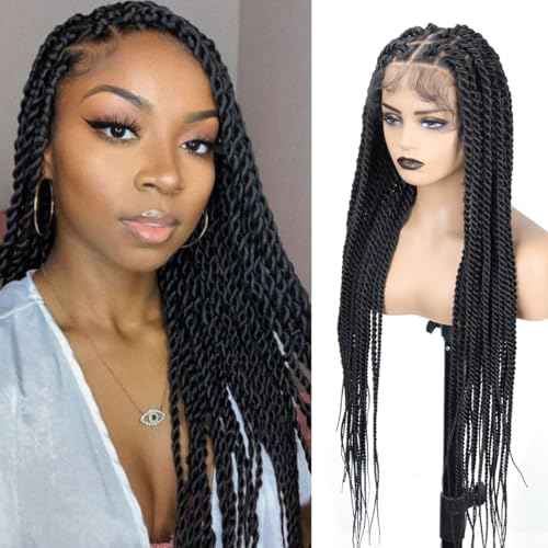 Senegal Twist Wigs, 36 "360¡Æ HD Full Single-layer Lace Two Braid Wigs for Black Women Square Knotless 2 Braid Wig with Baby Hair Handmade Synthetic Hair Blended Lace Front Wig Natural Black