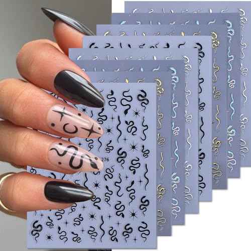 Snake Nail Sticker for Nail Art 3D Self-Adhesive Black Silver Gold Laser Snake Star Nail Decals Stars Designs Nail Art Stickers Charms for Women and Girls Daily DIY Nail Decoration