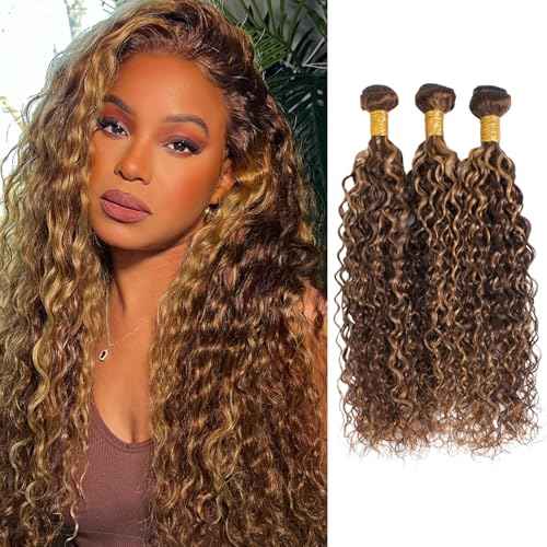 ALHER Soft Thick Wet And Wavy Ombre Honey Blonde Human Hair Bundles, 12A Highlight Brown Water Wave Bundles 100% Brazilian Virgin Human Hair 3 Colored Curly Weft #P4/27 Piano Color 12 14 16 Inch