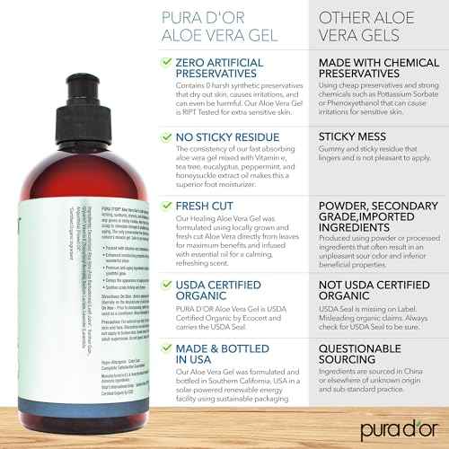 PURA D'OR ORGANIC Aloe Vera Gel Lavender (16 Oz X 3) All Natural - ZERO Artificial Preservatives - Deeply Hydrating & Moisturizing - Sunburn, Bug Bites, Rashes, Small Cuts, Eczema Relief - Skin & Hair