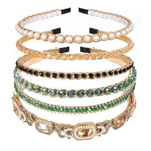 YARN & INK 7 Pcs Women's Champagne Gold Rhinestones Headbands for Women Girls, 80s Pearsl Headband Party Headwear Vintage Bling Christmas Gift (Mix Hairbands)