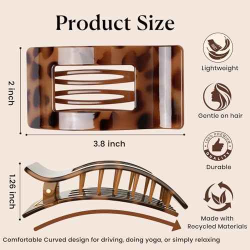 4 PCS Flat Hair Clips for Women - Stylish French Lay Down Flat Claw Clips for Thick Thin Hair, Comfortable Curved Large Flat Clips, Leopard Print Non-Slip Strong Hold Hair Accessories, Tortoise
