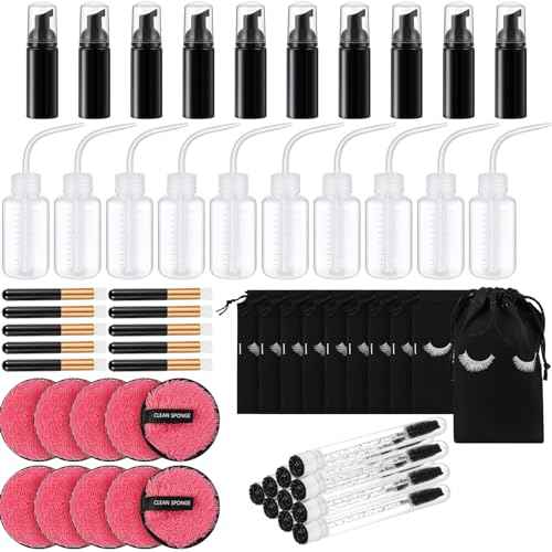 60 Pcs Lash Shampoo Brushes Set 10 Lash Shampoo Brushes 10 Mascara Tubes and Wands 10 Foam Pump Bottle 10 Cleaning Rinse Bottles 10 Makeup Remover Pad 10 Aftercare Drawstring Bag(Black)