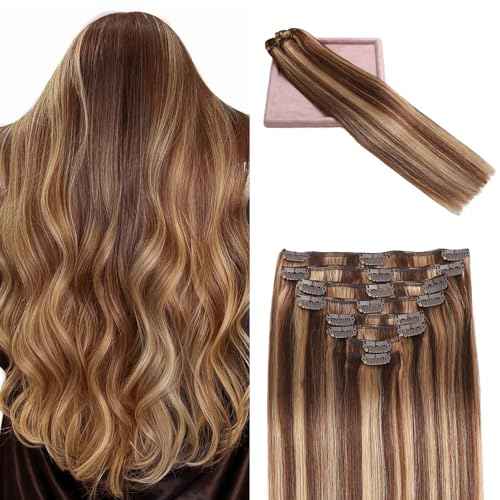Clip in Hair Extensions Real Human Hair, Remy Human Hair Extensions Clip ins for Women, 100% Natural Human Hair, Double Weftm, 24inch 120g 8Pcs, #4/27 Chocolate Brown to Honey Blonde