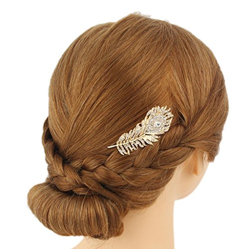 EVER FAITH Gold-Tone Austrian Crystal Wedding Peacock Feather Hair Side Comb Clear