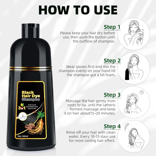 Black Hair Dye Shampoo 3 in 1 for Gray Coverag Color Shampoo for Women/Men Instant Herbal Semi Permanent champu para canas