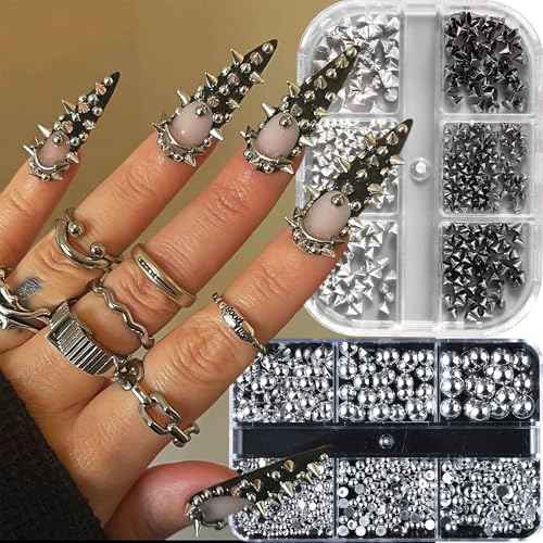 3D Mini Metal Punk Nail Art Studs Mixed Sizes Gold Black Cone Spikes Alloy Rivets Jewelry Steel Balls Jewels for Women Goth Manicure Charms Accessories DIY Crafts Decorations