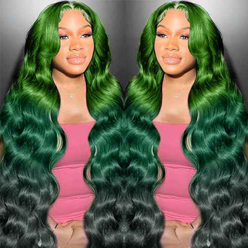 Green Ombre Lace Front Wig Human Hair Body Wave 13x4 HD Glueless Lace Front Wigs 3 Tone Light Green to Dark Green Colored for Fashion Women 180% Density 24 Inch