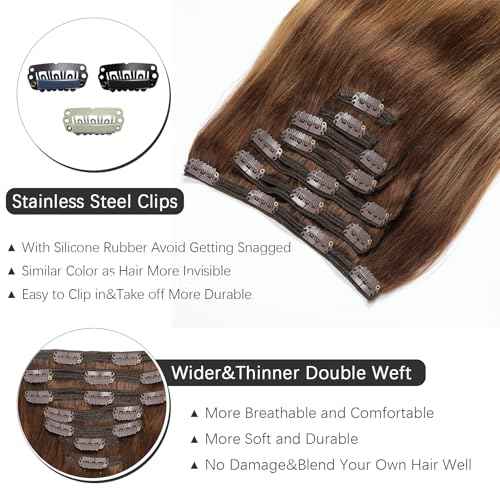 Clip in Hair Extensions Real Human Hair - 150g 18 Inch 7pcs, Ombre Chocolate Brown to Caramel Blonde Balayage Color - Soft Hair Extensions Real Human Hair Clip ins Straight for Women