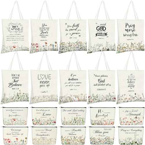 Locmeo 20 Pcs Christian Gift Women Including 10 Bible Verse Tote Bags 10 Christian Makeup Bags Christmas Inspirational Religious Scripture Gifts for Church Xmas Valentine(Classic)