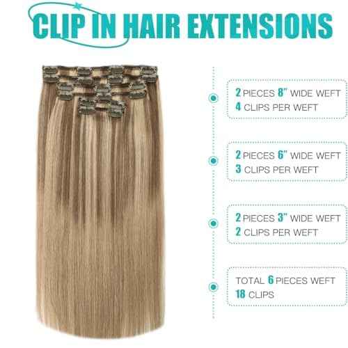 SURNEL Clip in Human Hair Extensions Golden Brown to Caramel Blonde Balayage Clip in Hair Extensions 20 Inch 6pcs 120g (#10/27/27,20'')