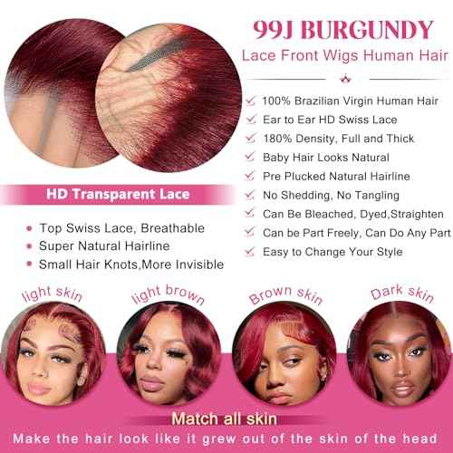 26 Inch 99j Burgundy Lace Front Wigs Human Hair 13x6 Body Wave Lace Front Wigs Human Hair Pre Plucked 180% Density Glueless Wine Red Lace Front Wigs for Women