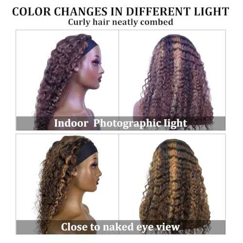 Ombre Headband Wig Human Hair Deep Wave 4/27 Highlight Curly Human Hair Wigs for Black Women Glueless None Lace Front Brazilian Virgin Hair Wear and Go 24 Inch