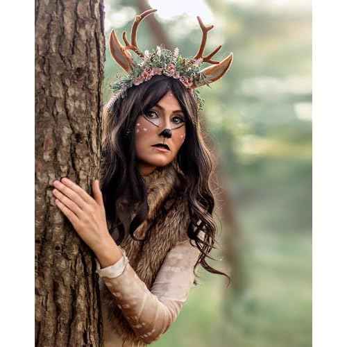 MOSTORY Handmade Antler Headband Brown - Adjustable Reindeer Horns Crown with Ears Fairy Flower Woodland Headpiece for Renaissance Christmas Cosplay Prom Fae Ball Costume Photo Prop