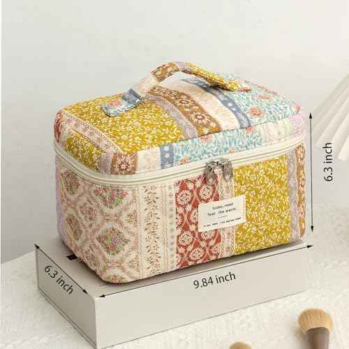 Quilted Makeup Bag, Large Makeup Bag, Cute Cosmetic Bag for Women Girls, Floral Coquette Aesthetic Patchwork Travel Toiletry Make Up Organizer Bag