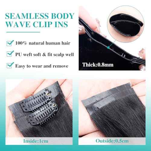 Seamless Clip In Hair Extensions Real Human Hair Invisible PU Skin Weft Body Wave Clip Ins 100% Unprocessed Brazilian Remy Human Hair Extensions 7pcs with 16Clips 110g£¨Natural Black,22 inch£©