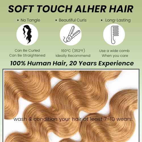 ALHER 12A Honey Blonde Body Wave Human Hair Bundles with Closure, Color #27 Sun-kissed Vibe Golden Blonde Wavy HD Transparent 4x4 Closure with 3 Bundles Soft Thick Sew In Weave Wavy 10 12 14+10