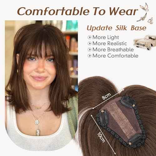 Rich Choices Real Human Hair Toppers for Women 3D Cover Clip in Bangs 100% Remy Human Clip in Silk Base Hair Topper with Bang for Thinning 150% Density 12 Inch #2R Chocolate Brown