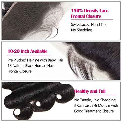 ALIANNA 13x4 Body Wave Human Hair HD Transparent Lace Frontal Closure, 10A Unprocessed Brazilian Virgin Hair, 16 Inch, Black