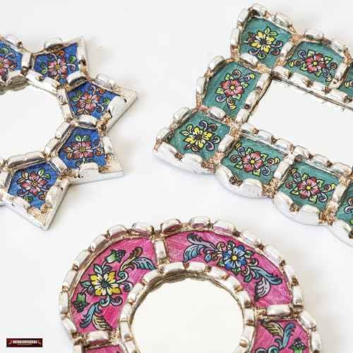 Handmade Mirrors set of 3 for Wall Decor - Silver Leaf Small Mirror Set - Turquoise, Blue, Fuchsia Accent Decor (6in)