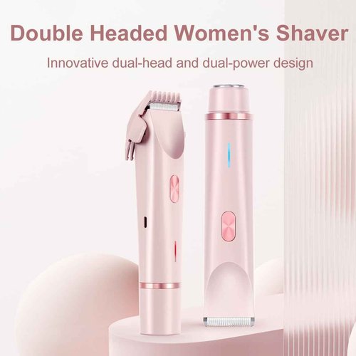 ANFOOS Women's Electric Shaver Bikini Trimmer for Women Razors 2-in-1 Dual Head Design IPX7 Waterproof Wet & Dry Use Body Groomer Hair Trimmer Remover for Facial Underarm Arm Face Leg Bikini (Pink)