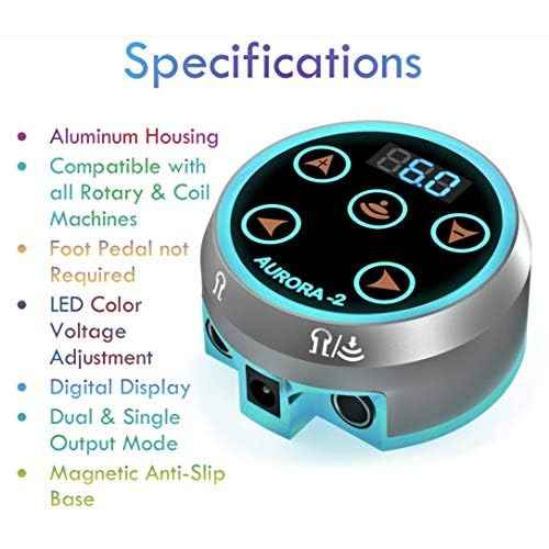 Aurora II Professional Tattoo Machine Power Supply- Touchscreen, Digital Display & Color LEDs (Silver)