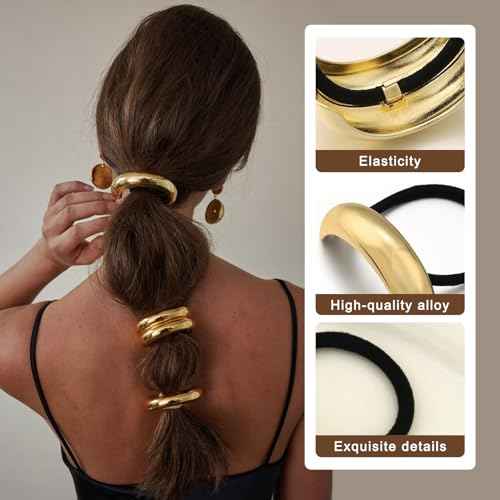 YONOY 6Pcs Gold Hair Ties,Metal Hair Ties for Thick Hair,Damage Ponytail Holders,6 Styles Hair Accessories for Women