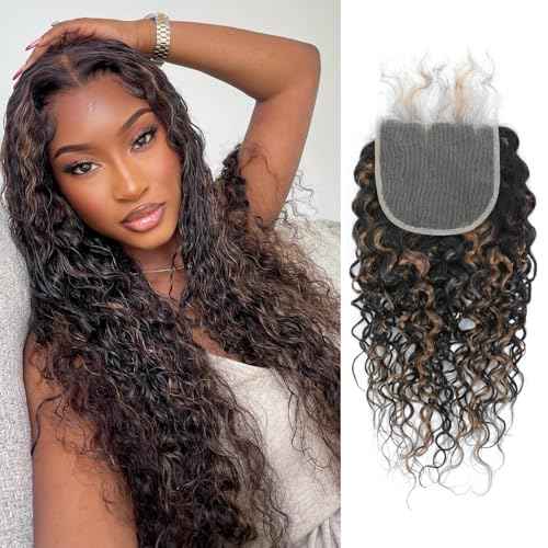 F1B30 Highlight 5x5 HD Lace Closure Water Wave Human Hair (16 Inch, Free Part), Invisible Transparent Wet n Wavy Black With Brown Colored Curly Closure 100% Remy Hair