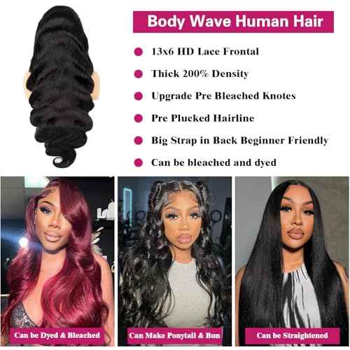 30 Inch Body Wave Lace Front Wigs Human Hair 200 Density 12a Grade 100% Virgin Human Hair Wigs for Black Women 13x6 Hd Transparent Lace Pre Plucked Natural Black