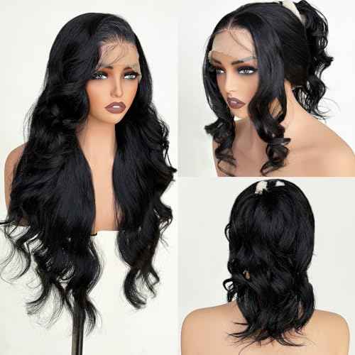 Black Glueless Wigs for White Women 26 Inch Pre Layered Body Wave Synthetic lace front Wigs - Pre Plucked 13¡¿6 HD Lace Front Synthetic Wig Pre Plucked with Tiny Knots Natural Hairline Wear and Go