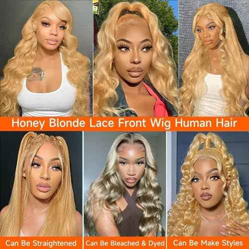 Honey Blonde Lace Front Wig Human Hair Body Wave 13x4 HD Lace Frontal Wigs Pre Plucked 180% Density Colored Honey Blonde Human Hair Lace Front Wigs for Black Women 13x4 Real Remy Hair Lace Wig 20 Inch