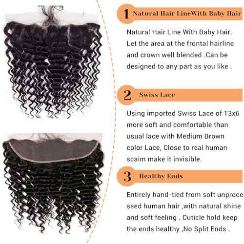 13x6 Frontal Human Hair Deep Wave HD Transparent Ear to Ear 18 Inch Lace Frontal Closure With Baby Hair Free Part 100% Virgin Human Hair Natural Black