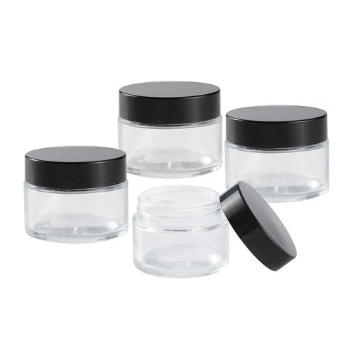 OverNews 2oz Glass Jar Travel Size, 4PCS Empty Cosmetic Lotion Container with Black Lid & Spatula, Small Mini Jar for Beauty (Clear)