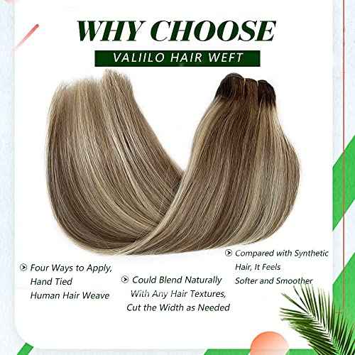 Weft Hair Extensions Human Hair, 16 inch 100g Ash Brown Highlighted Bleach Blonde Sew in Hair Extensions Real Human Hair Hand Tied Weft Hair Extensions Sew In Remy Hair Bundles Weave